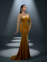 Elegant Asymmetrical Neck Contrast Sequin Mermaid Hem Velvet Evening Dress